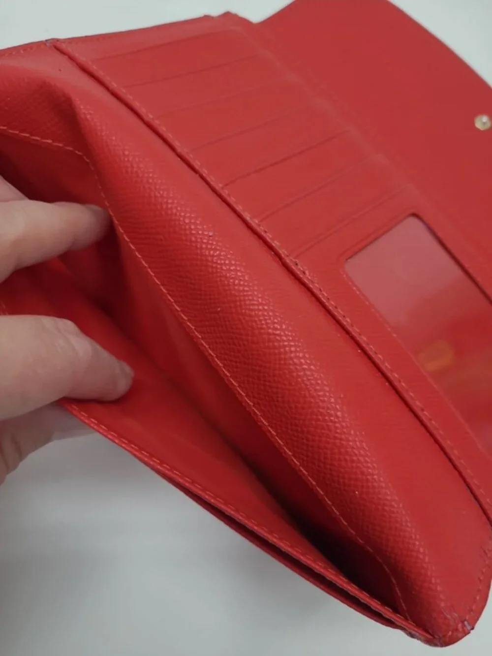 Coach Pebbled Leather Wallet Coral Red Checkbook Wallet Tri-Fold Snap